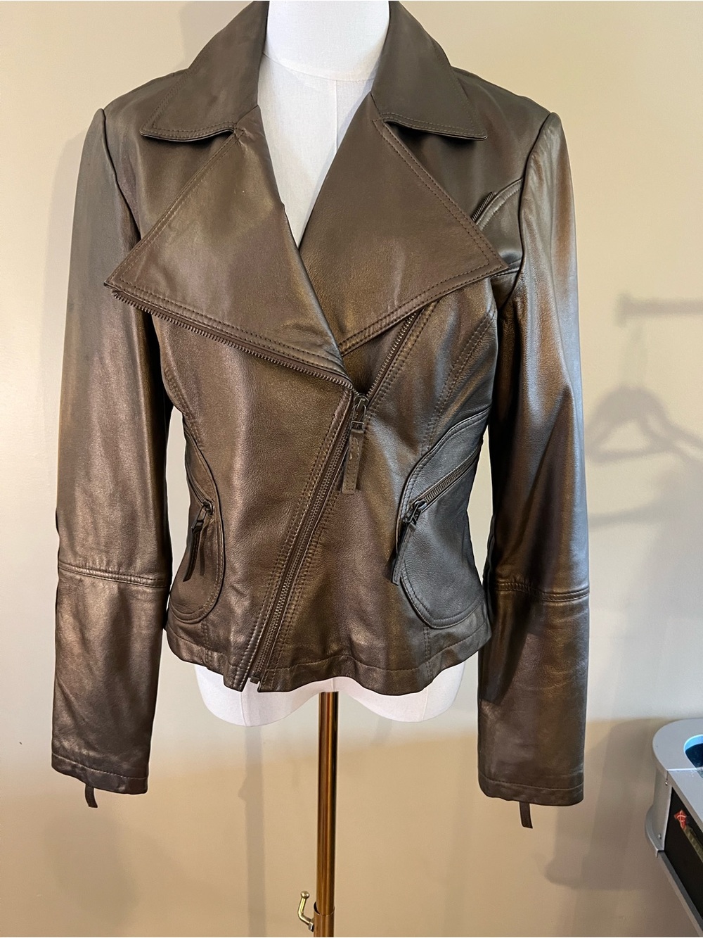 Bronze Real Leather Asymmetrical Zip Jacket - Women